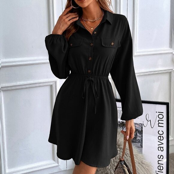 Black Casual Women's Lantern Sleeve Flap Detail Shirt Dress Without Belt - Picture 2 of 7
